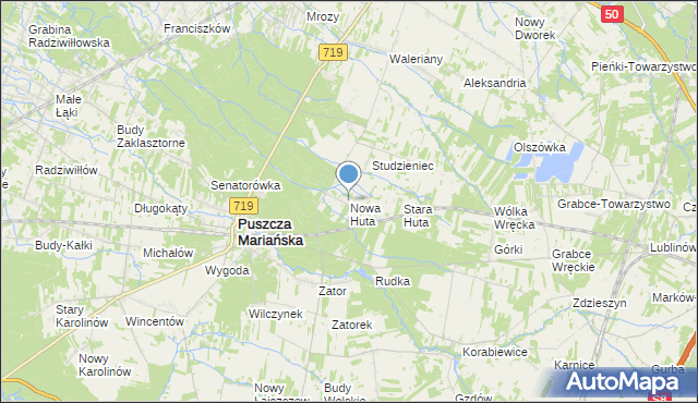 mapa Nowa Huta, Nowa Huta gmina Puszcza Mariańska na mapie Targeo